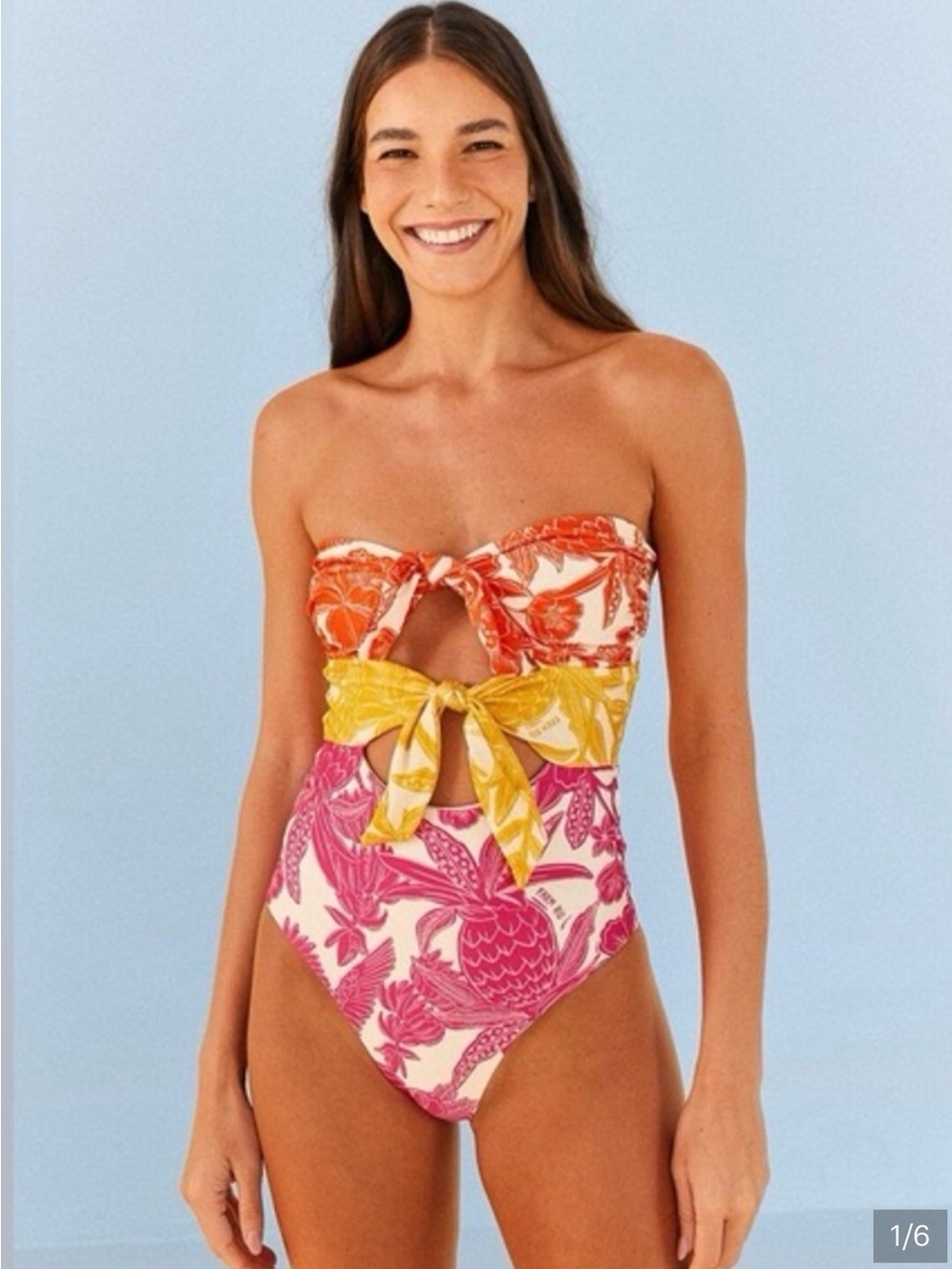 FARM Rio Strapless One-Piece Swimsuit in Pink, Orange & Yellow